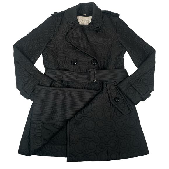 RARE Coach Quilted Pea Trench Coat Logo Black with Belt - Picture 11 of 11